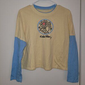 Y2K Keith Haring Art Print Raglan Blue and Yellow Shirt Large Junior